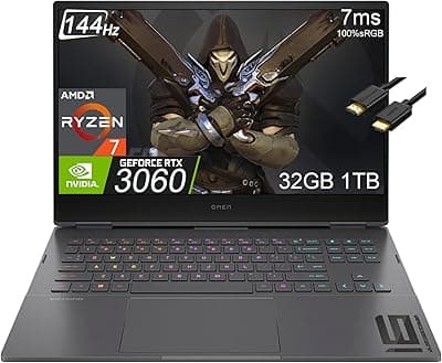 HP Laptop para jogos OMEN 16 16,3" FHD 144Hz (AMD 8-Core Ryzen 7 6800H (Beat i9-11900H), 32G DDR5 RAM, 1TB SSD, Geforce RTX 3060 6GB) RGB retroiluminado, WiFi 6E, 7ms, cabo HDMI, Win11 Home 